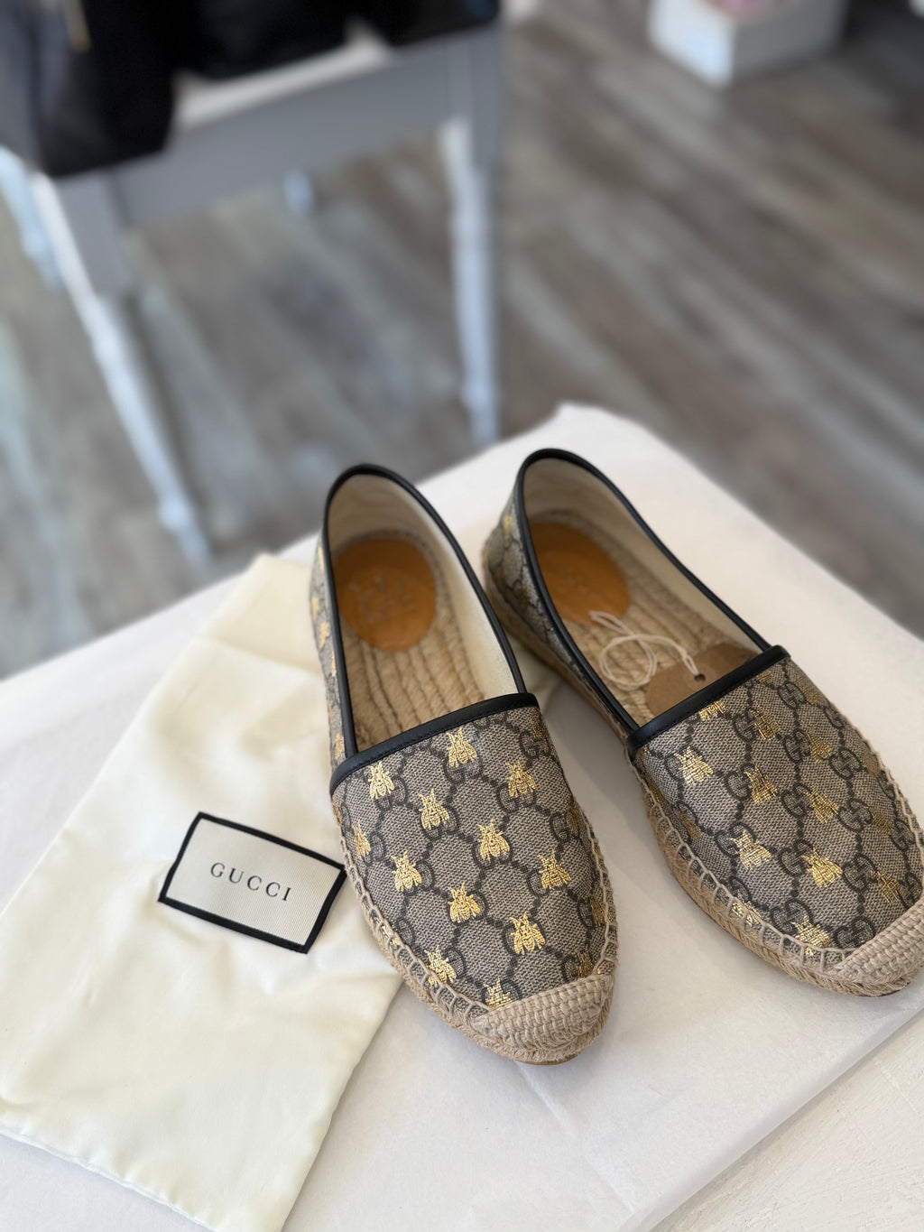Gucci Beige Gold GG Supreme Canvas Leather Espadrilles